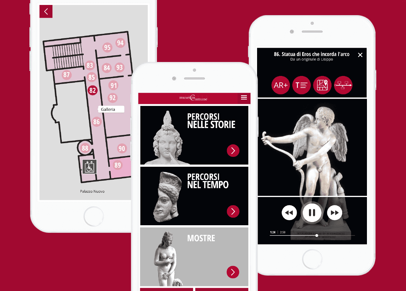 schermate dell'app musei in comune di roma sviluppata da ett