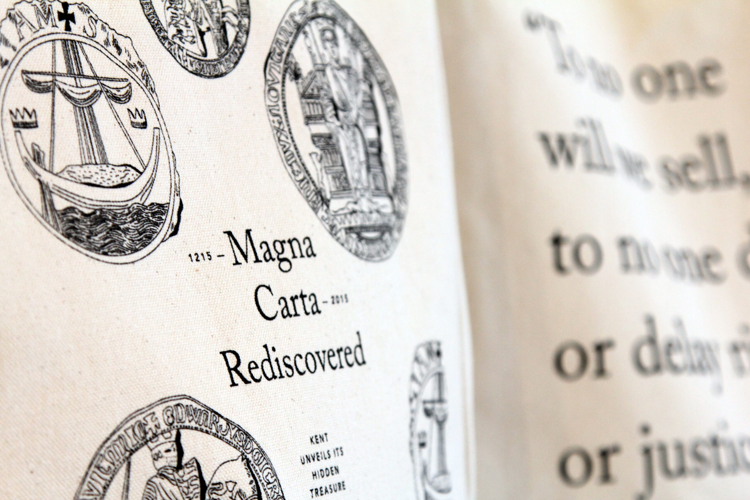 tessuto dell'esposizione Magna Carta con stampata grafica dedicata al progetto