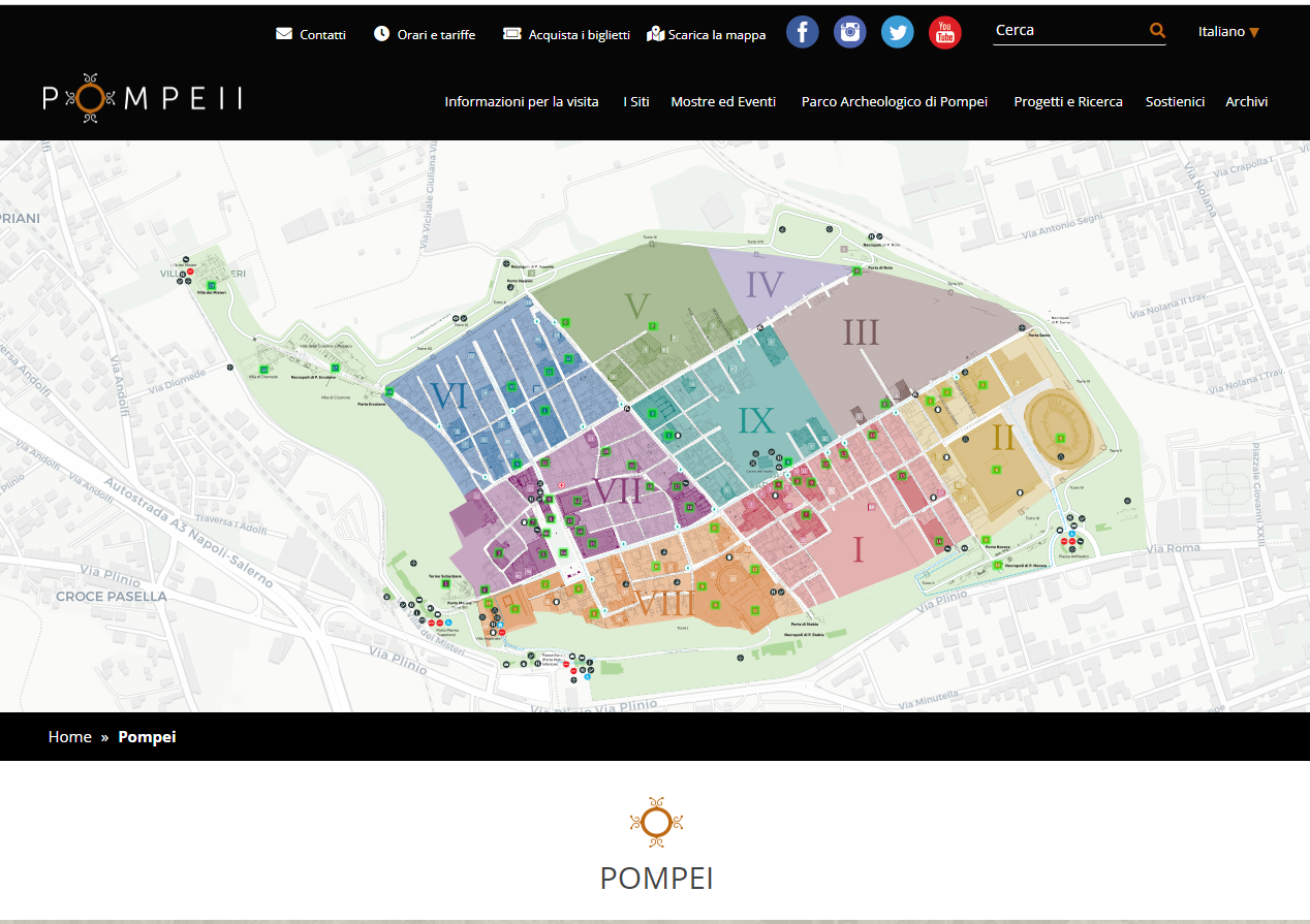 screen dello schermo sulla sezione della mappa divisa in zone attraverso numeri romani abbinati ciascuno ad un diverso colore sul sito di pompeii
