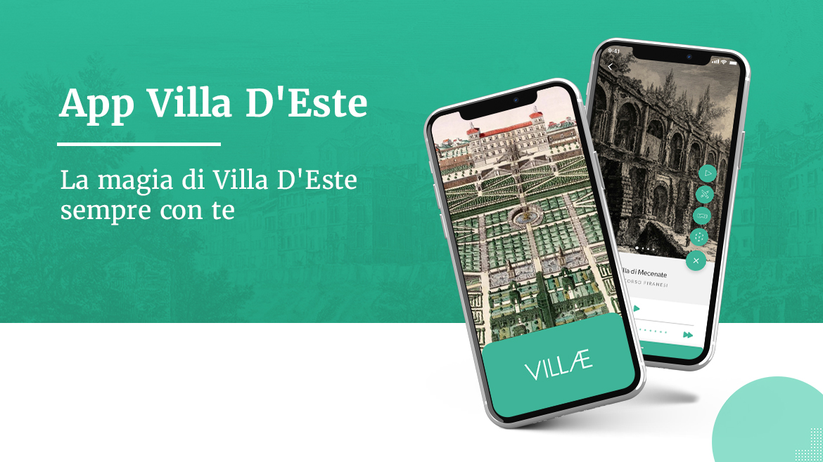 scritta App Villa D'Este La magia di Villa D'Este sempre con te e due immagini dell'app sviluppata da ETT