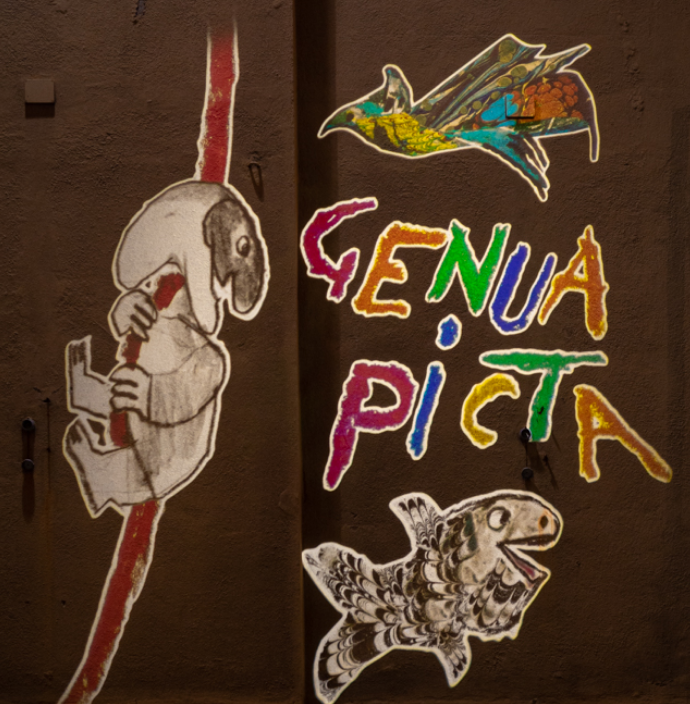 disegno di luzzati con scritta Genua Picta, parte della proiezione immersiva realizzata da ETT per festeggiare i 100 anni dalla nascita di Luzzati