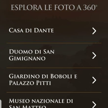 Screen dell'applicazione Dante's Journey, realizzata da ett, schermata esplora le foto a 360 gradi