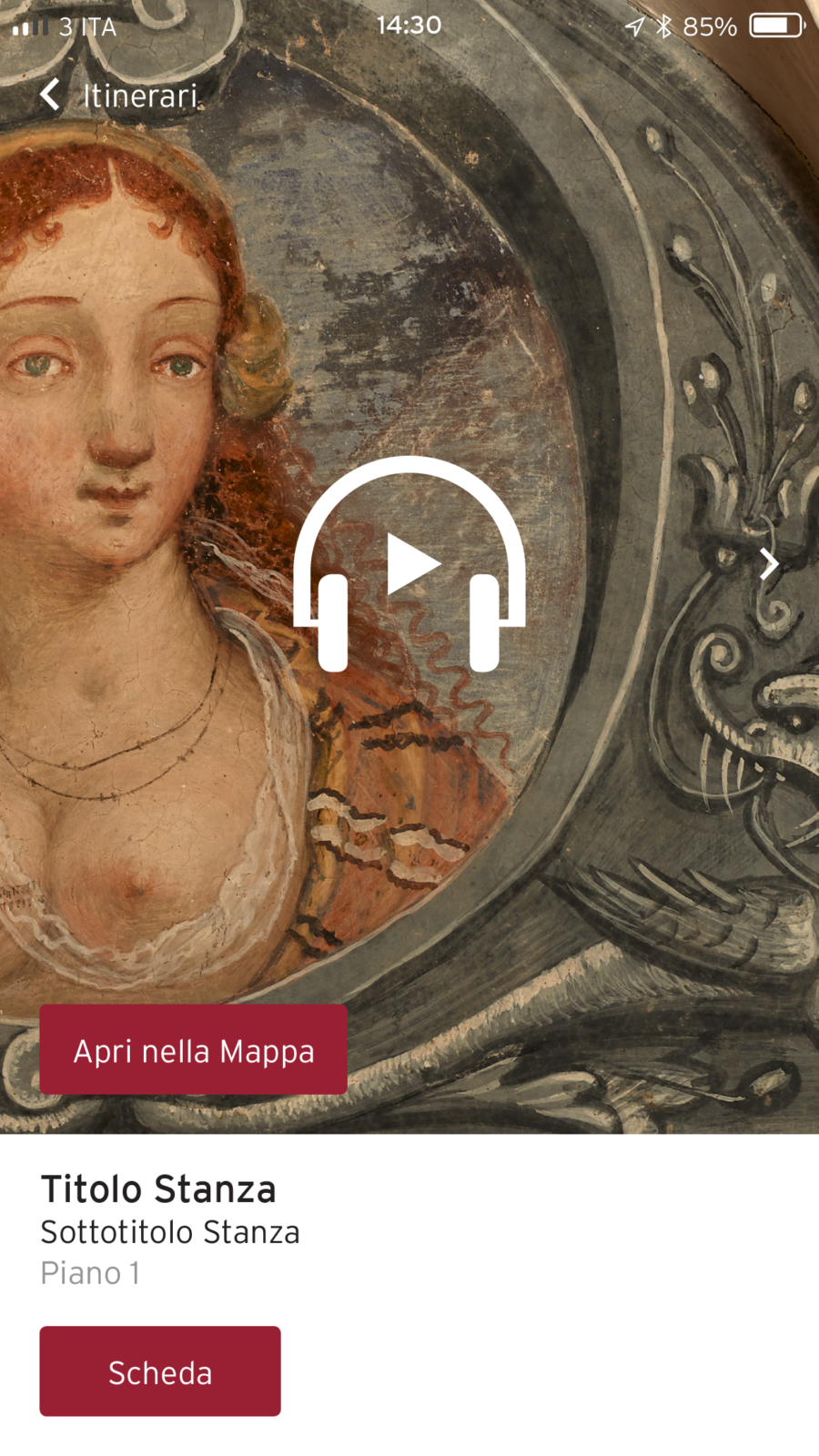 Screen dell'app mobile di Palazzo Besta, realizzata da ett, al centro il pulsante play per ascoltare l'audioguida e sullo sfondo una delle illustrazioni dipinte nelle stanze del palazzo di una donna dai capelli rossi