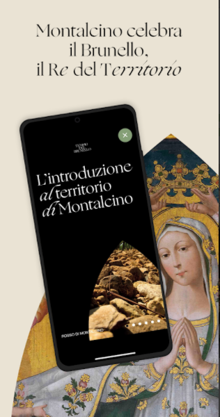 mockup dell'applicazione l'Oro di Montalcino, realizzata da ett, sullo sfondo illustrazione con una donna con le mani in preghiera che viene incoronata