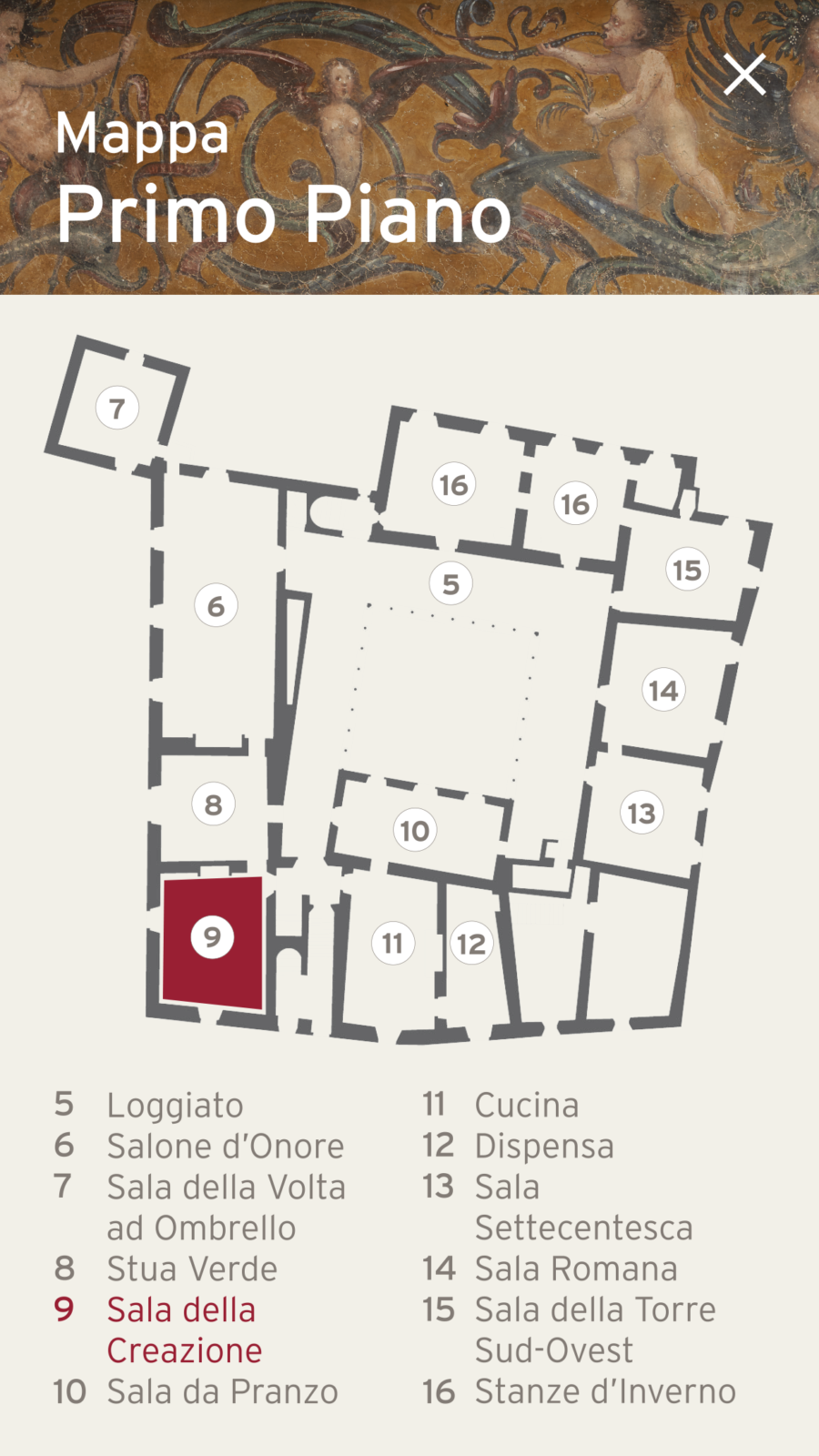 Screen dell'app mobile di Palazzo Besta, realizzata da ett, mappa del primo piano con descrizione e numerazione delle stanze