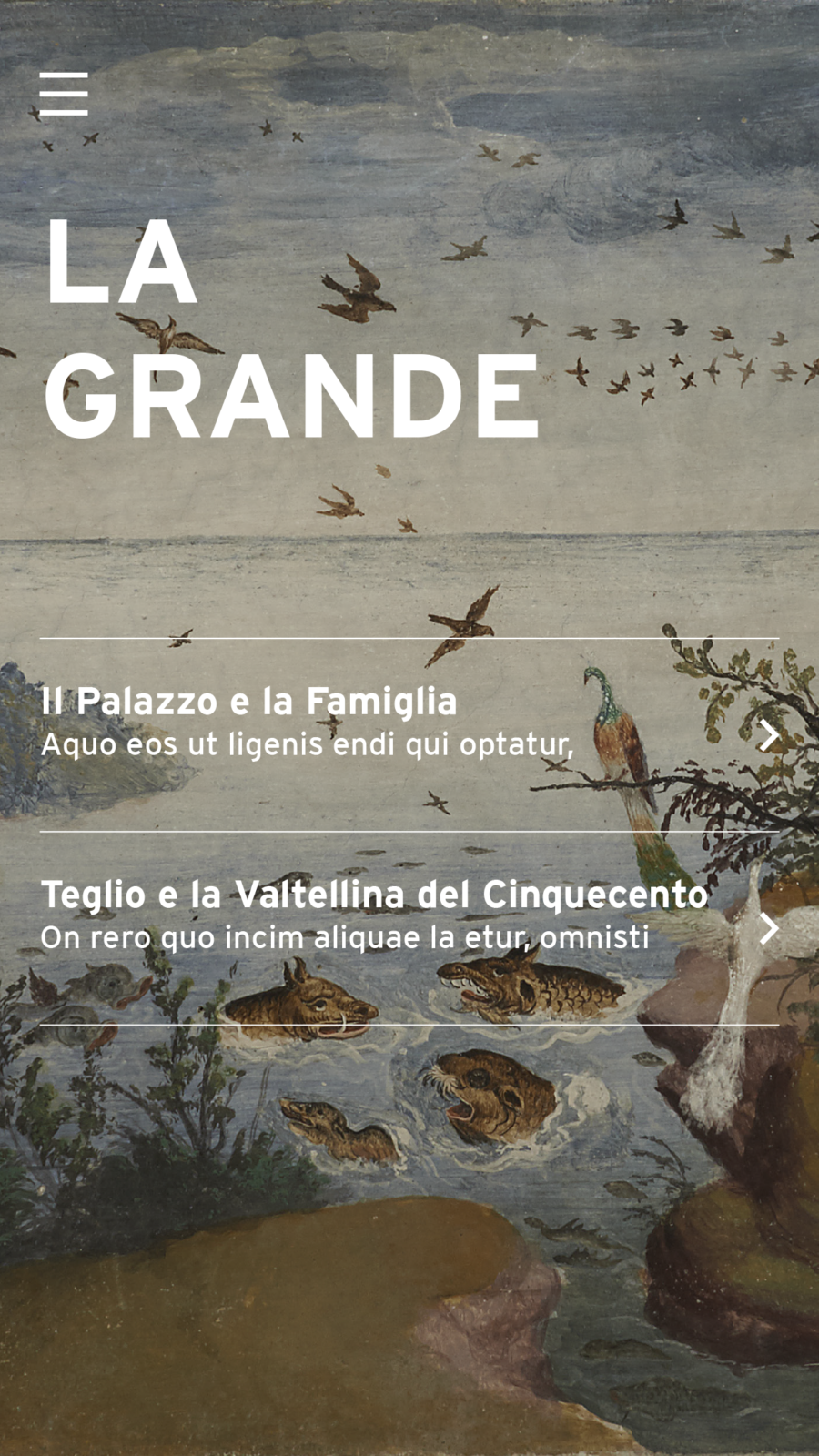 Screen dell'app mobile "la grande" di Palazzo Besta sviluppata da ETT, come sfondo un'illustrazione dipinta di cielo e mare con gli animali che la popolano