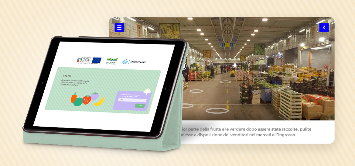 tablet con app frutta e verdura nelle scuole sviluppata da ett e schermata ingrandita di un approfondimento dell'app