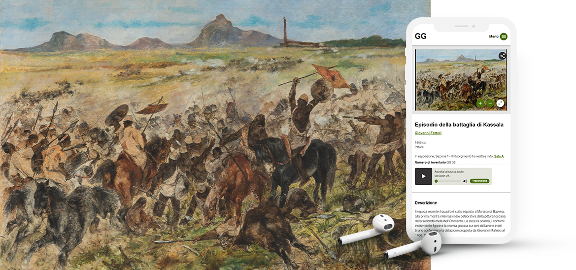 quadro della battaglia di Kassala e mockup dell'app di visita realizzata da ETT per galleria giannoni
