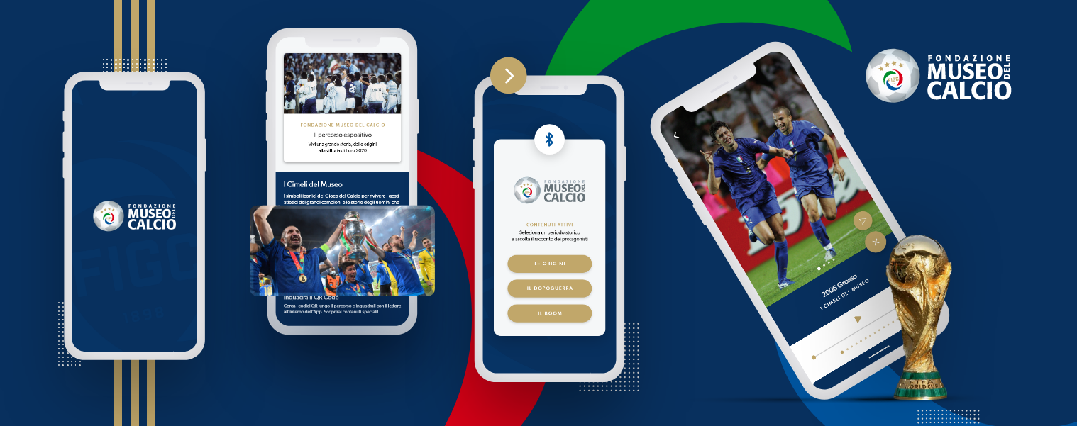 quattro mockup delle schermate dell'app museo del calcio di sviluppata da ETT per