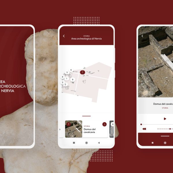 3 schermate dell'app di guida realizzata da ett per l'area archeologica di nervia con titolo, mappa e approfondimento di un point of interest
