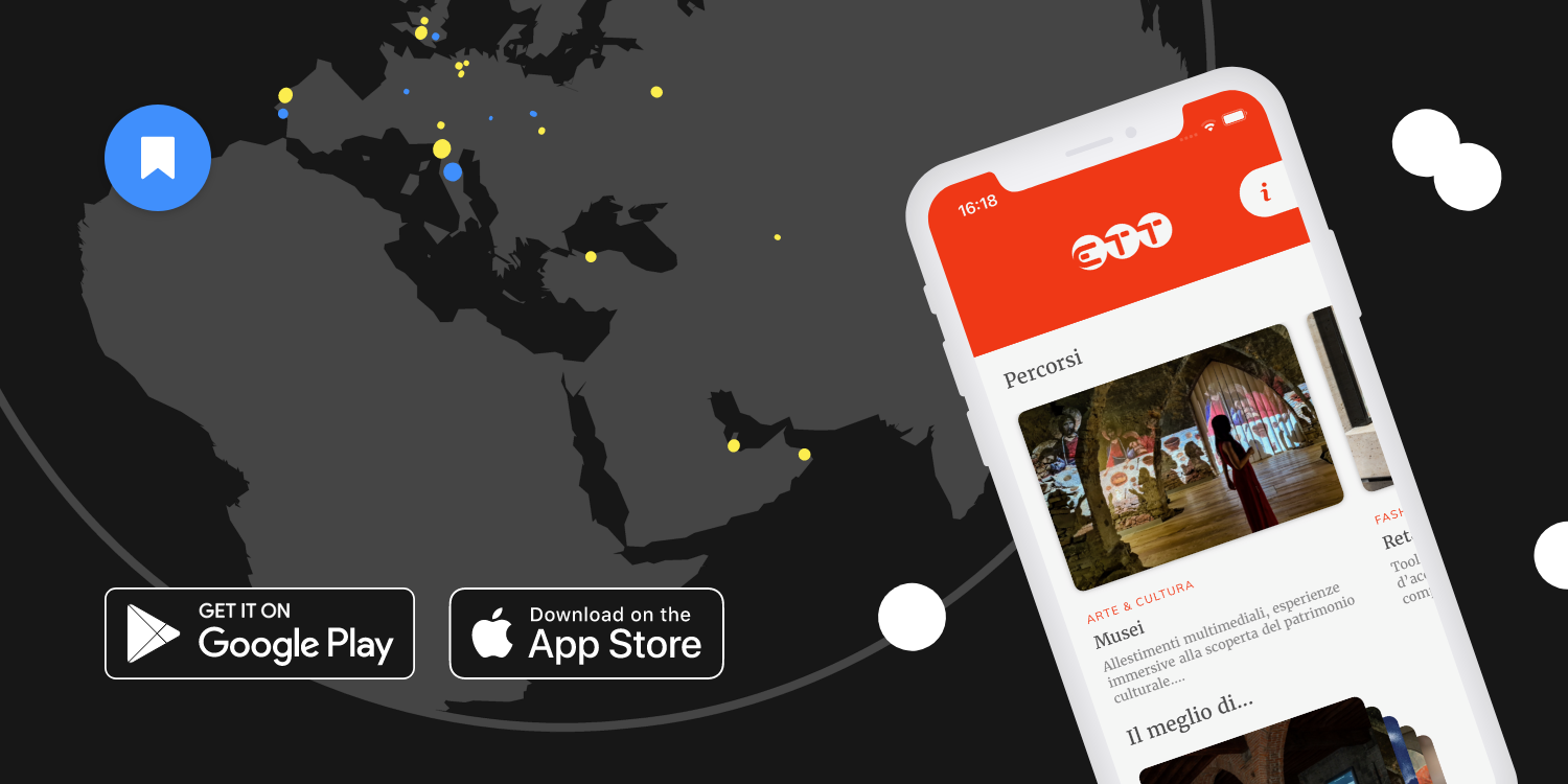 mockup tratto da il mondo di ett in un'app che raffigura loghi Google Play e app store per il download dell'app