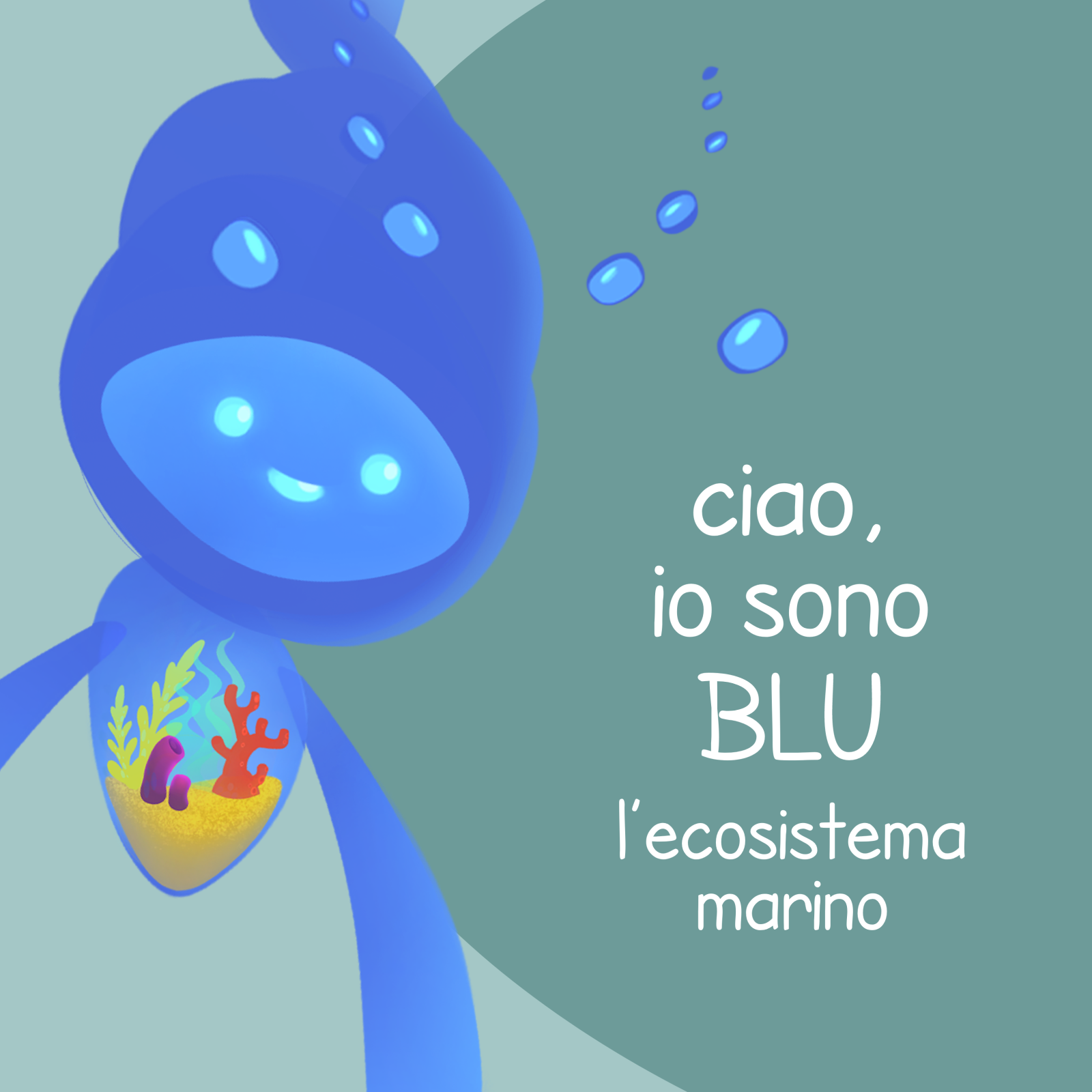 Disegno di Blu, personaggio inventato che rappresenta l'ecosistema marino, e che è la mascotte del progetto di ricerca Culturgame, un'esperienza game based per la valorizzazione dei beni culturali, di cui ETT è partner