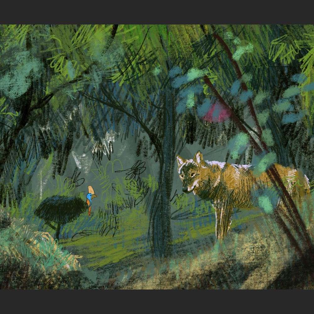 Illustrazione realizzata da ETT per l'app di visita del Museo di storia naturale giacomo doria che ritrae una lupo in una foresta