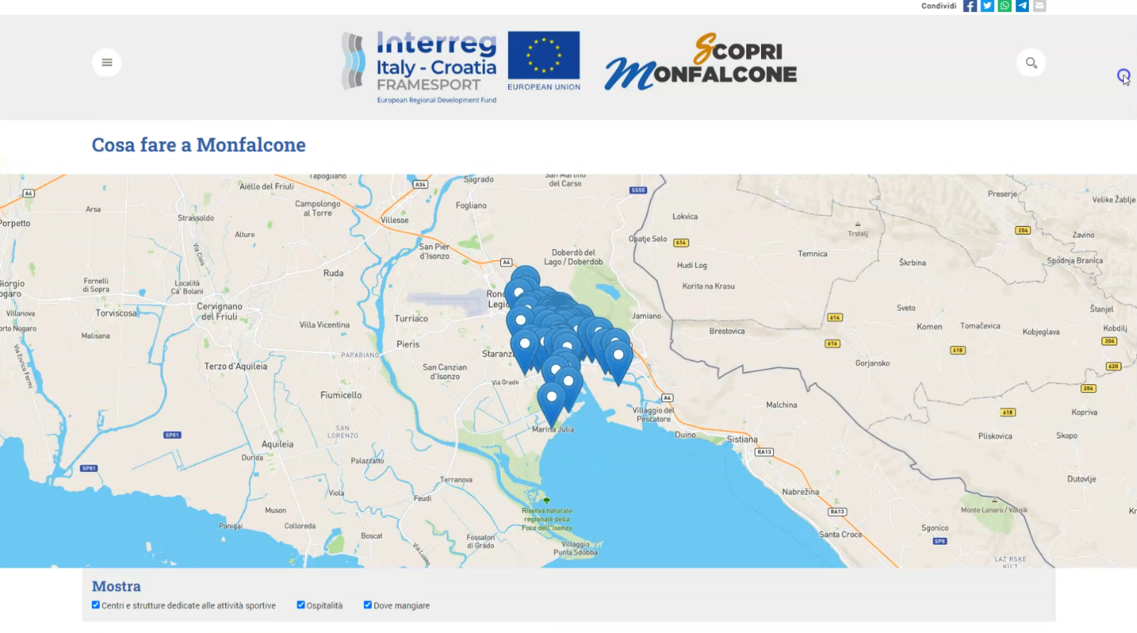 mappa con indicati i luoghi da visitare di monfalcone, interfaccia dell'applicazione web realizzata da ett per monfalcone