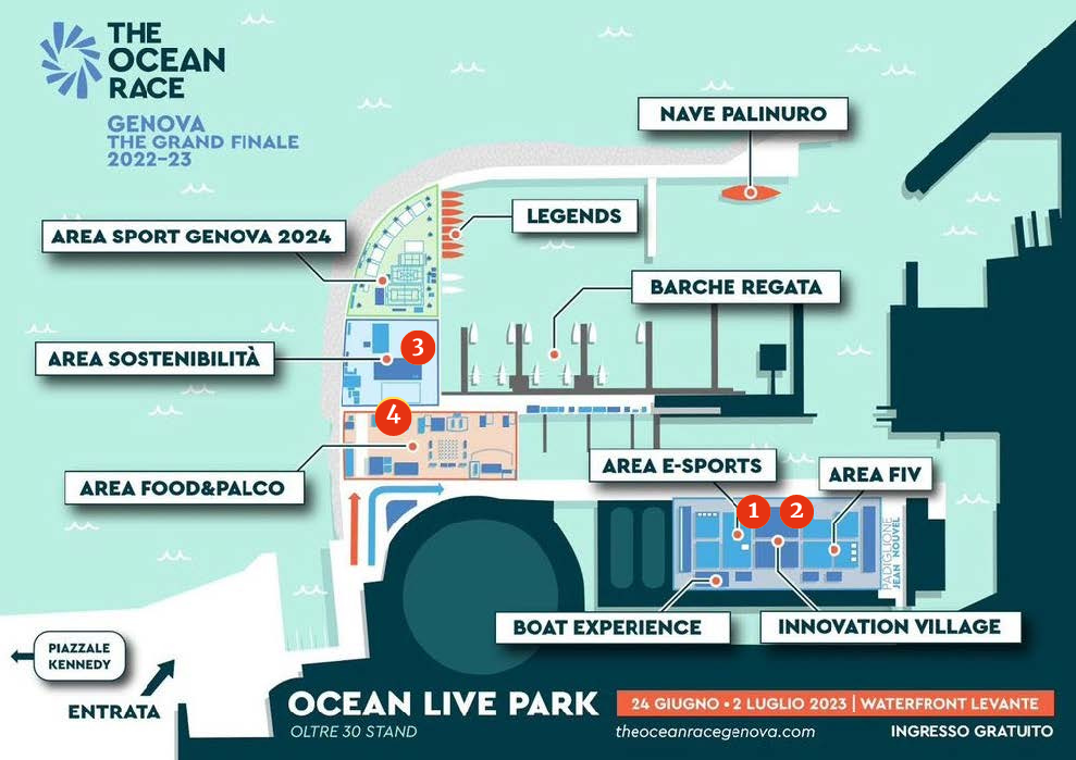 mappa stilizzata dell'ocean live park per l'evento the ocean race genova gran finale 2022-23, a cui partecipa ett