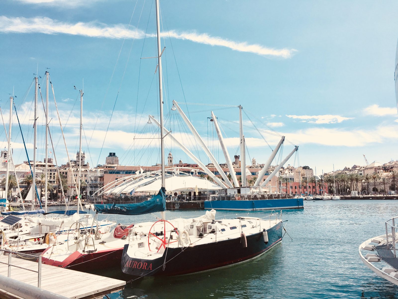foto del porto antico di genova con barche a vela in mano e sullo sfondo il bigo