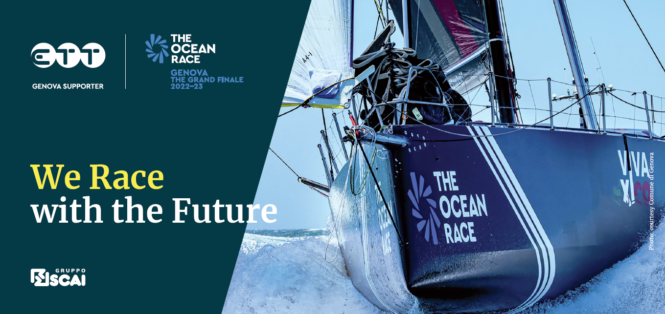 locandina grafica, realizzata da ett, di the ocean race, we race with the future, sulla destra barca a vela durante la regata