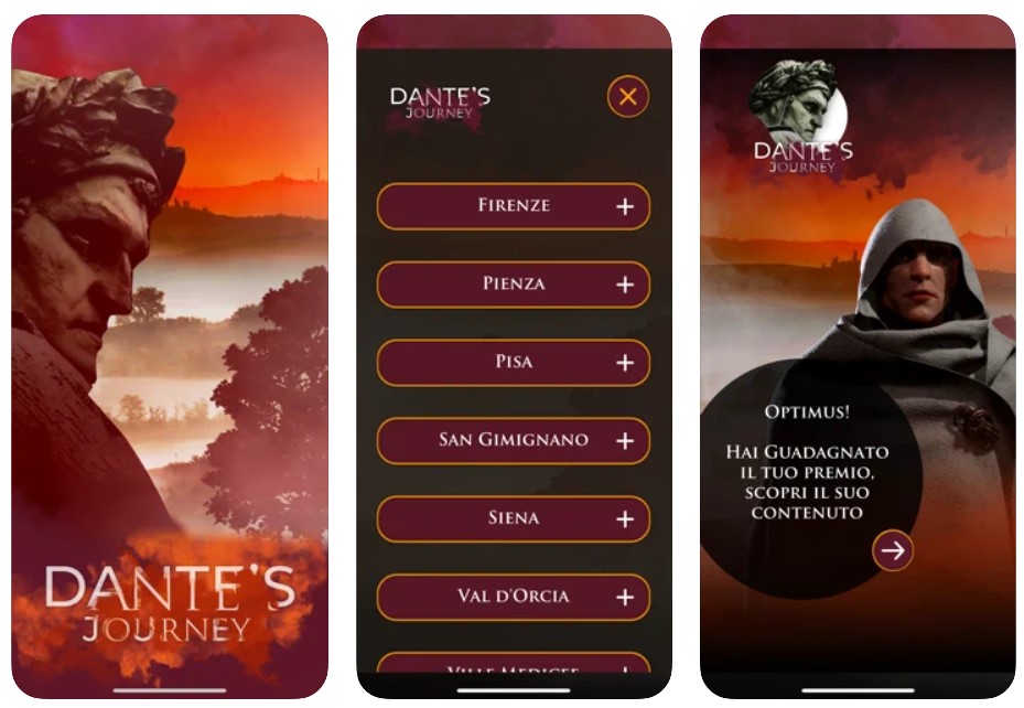 tre screen dell'applicazione Dante's Journey, da sinistra: la schermata con la homepage in cui il volto di dante in pietra è circondata da un paesaggio infuocato, la schermata in cui scegliere il luogo di gioco, schermata di quando viene ottenuto un premio con il personaggio su sfondo di fuoco