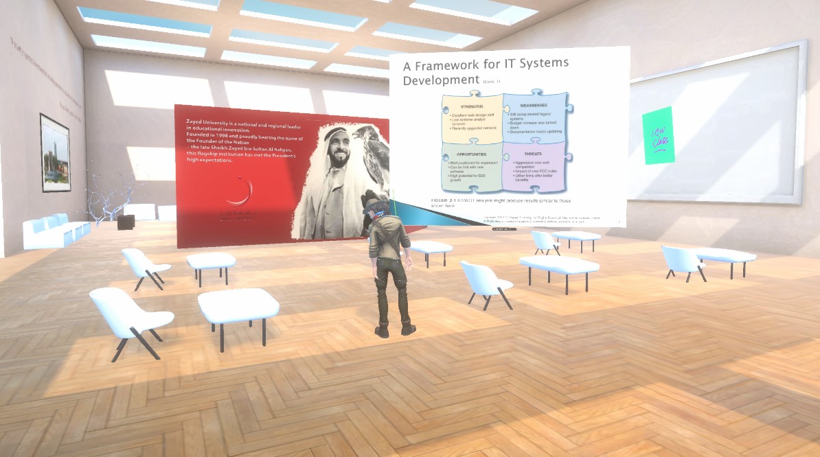 aula all'interno della zayed university con avatar ambiente di apprendimento nel metaverso composto da uno spazio 3D personalizzato integrato nella piattaforma Spatial.IO