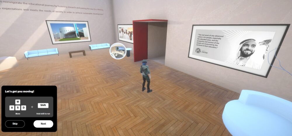 stanza all'interno della zayed university ambiente di apprendimento nel metaverso composto da uno spazio 3D personalizzato integrato nella piattaforma Spatial.IO