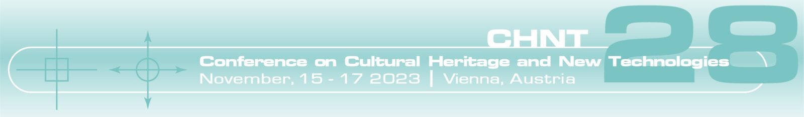 banner CHNT 28 conference on cultural heritage and new technologies november 2023 su fondo verde acqua