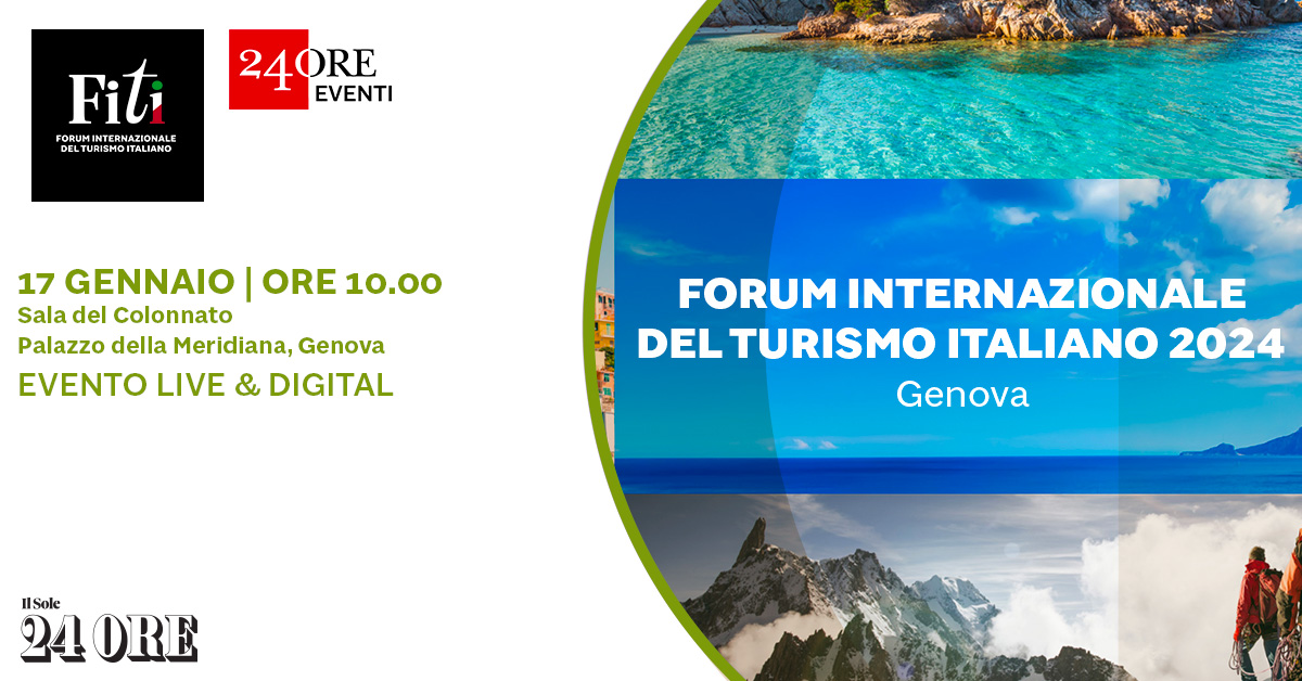 Banner Forum Internazionale del Turismo 2024 evento 17 gennaio ore 10 a genova sulla destra l'immagine del mare e della montagna