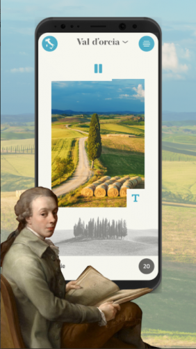 Mockup applicazione Virtual Destination Italy, realizzata da ett, Grand Tour guidato fra le principali tappe dai racconti di personaggi importanti e artisti, schermata della val d'orcia