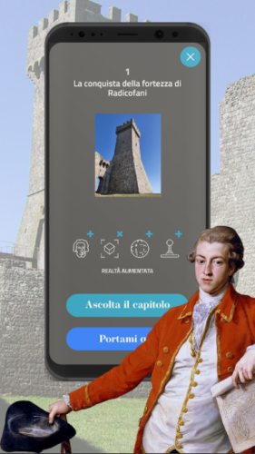Mockup applicazione Virtual Destination Italy, realizzata da ett, Grand Tour guidato fra le principali tappe dai racconti di personaggi importanti e artisti, schermata della fortezza