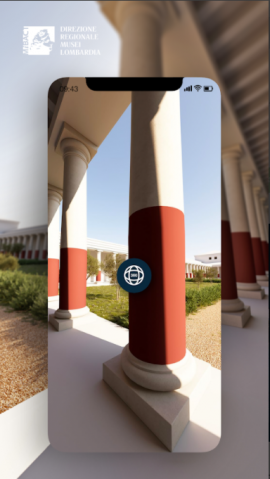 Screen di un'immagine a 360° di colonne con una banda rossa tratta dall'app 1,2,3 Musei del Garda, realizzata da ett