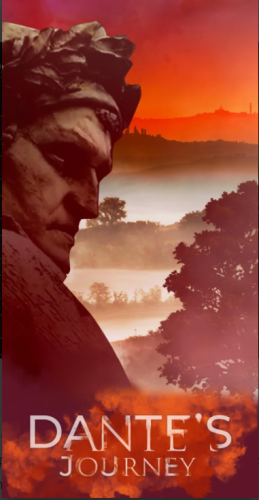 schermata iniziale dell'applicazione Dante's journey, realizzata da ett, sfondo con scultura di dante e paesaggio infuocati
