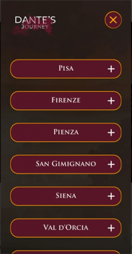 Screen dell'applicazione Dante's Journey, realizzata da ett, schermata con i tasti per aprire 5 comuni: pisa, firenze, pienza, san gimignano, siena, val d'orcia..