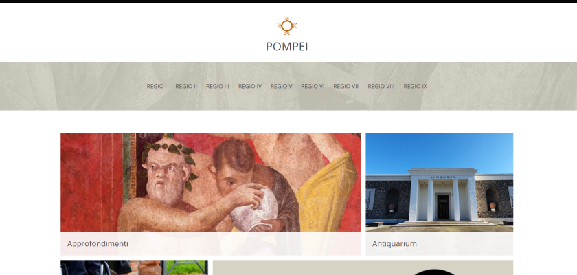 screen homepage di pompeii con men sezione approfondimenti con immagine di un affresco e sezione antiquarium