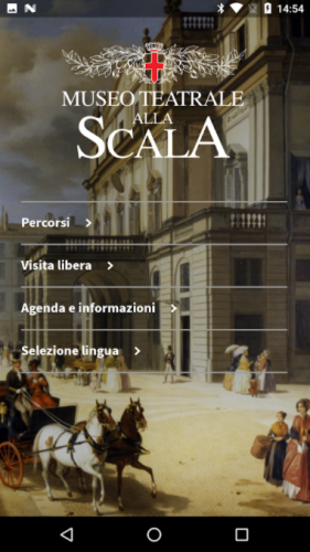 Screen della schermata principale dell'applicazione per il Museo teatrale alla Scala, realizzata da ett