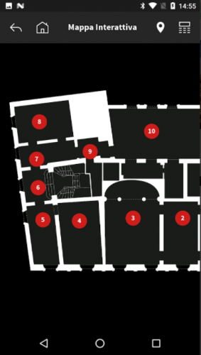 Screen dall'applicazione del Museo teatrale alla Scala, realizzata da ett, di una parte della mappa interattiva con le tsanze del teatro numerate, disegno in bianco su fondo nero