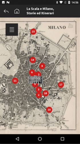 Screen dell'applicazione del Museo teatrale alla Scala, realizzata da ett, mappa antica di milano su cui sono segnati itinerari interattivi da poter seguire grazie all'app