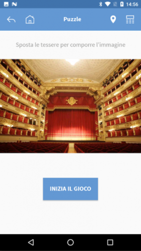 Screen della schermata principale dell'applicazione del Museo teatrale alla Scala, realizzata da ett, foto del teatro con palcoscenico chiuso sotto il tasto 'inizia il gioco'