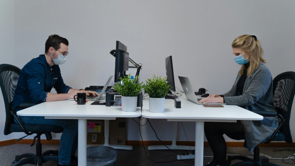 un ragazzo e una ragazza con la mascherina in ufficio seduti ognuno alla propria scrivania disposte una davanti all'altra che lavorano al pc. sopra alle scrivanie bianche oltre ai pc troviamo due vasetti con una piantina, due monitor mouse una tazza