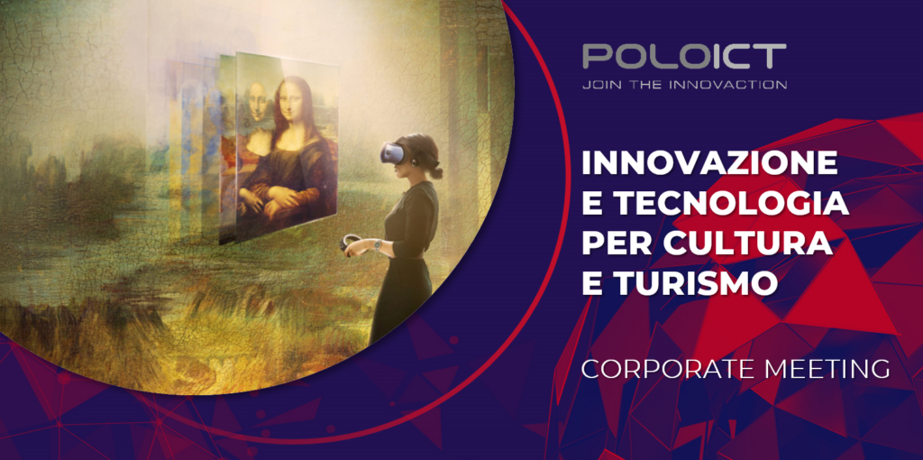 locandina Polo ICT Torino join the innovation, sulla sinistra ragazza con visore vr davanti alla gioconda immersa nel quadro, innovazione e tecnologia per cultura e turismo, progetto ett