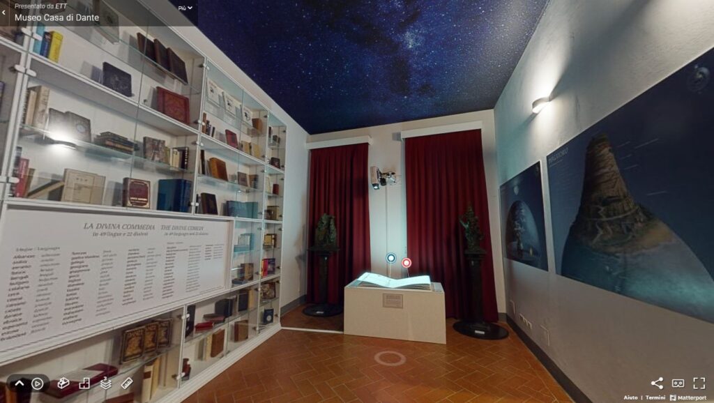 Fotogramma del virtual tour in una stanza del Museo casa di Dante con il leggio interattivo
