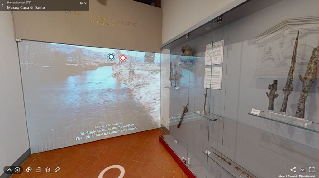 Fotogramma del virtual tour con proiezione su parete al Museo Casa di Dante