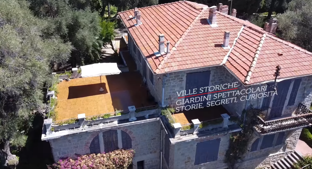 Fotogramma di un video che riprende dall'alto una villa storica di Bordighera