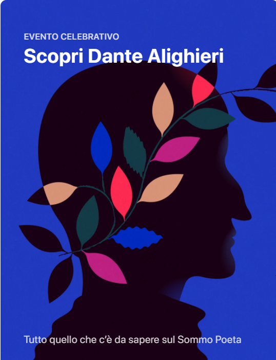 Immagine dell'app store con sfondo blu e volto di Dante