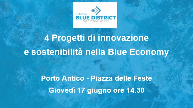 locandina del progetto sindbad the ocean race, 4 progetti di innovazione e sostenibilità nella Blue Economy, al porto antico in piazza delle feste gioved 17 giugno, in alto il logo blue district, sullo sfondo le onde del mare con un effetto azzurro vivo