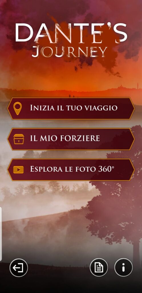 Screen della schermata per iniziare ad utilizzare l'applicazione Dante's Journey, realizzata da ett, schermata inizia il tuo viaggio, sfondo con paesaggio sui toni infernali del rosso