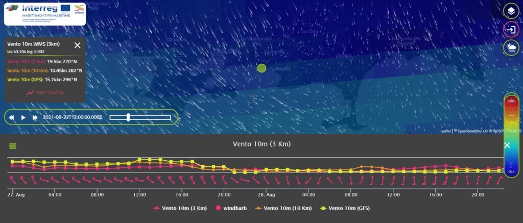 screen da sito progetto geremia del dimostratore dove si vede il vento nella cartina delle zone a nord dell'europa, nella parte in basso delle frecce e dei simboli collegati da linee che indicano l'andatura del vento su sfondo grigio