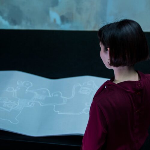 Ragazza ripresa dall'alto di schiena a mezzo busto nella postazione educational presso MIA Avella, Museo Immersivo e Archeologico di Avella situato presso il Palazzo Baronale, il cui percorso immersivo è realizzato da ett