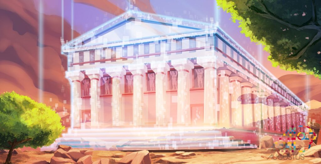 immagine raffigurante un tempio che appare componendosi di pixel colorati in un ambiente da parco archeologico sotto forma di cartone animato, tratta dal gioco web e applicazione Augustus, AUgmented Game for Sicilian ToUrism marketing Solutions, realizzato da ett
