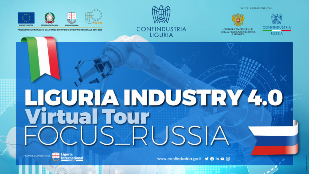 Locandina Confindustria Focus Russia, per inaugurazione della piattaforma “Confindustria Liguria Virtual Events”, grazie al supporto tecnico di ett