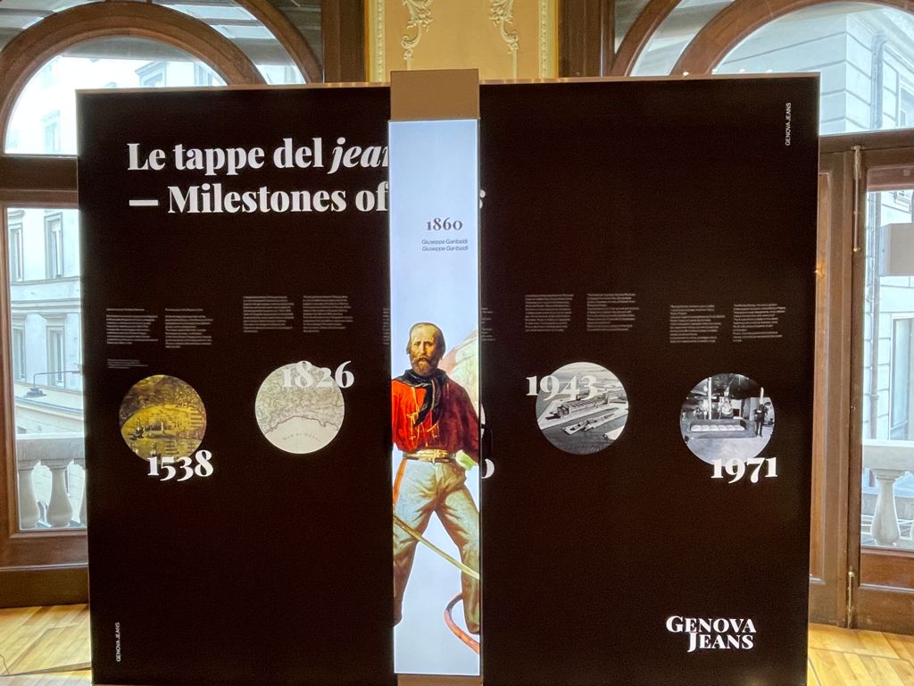pannello multimediale dedicato alle tappe dei jeans, realizzati da ett, presso la mostra a Genova "il Jeans: dalle origini al mito"