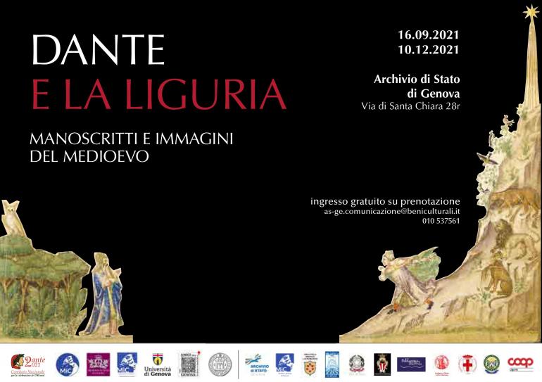 Locandina con sfondo nero di Dante, manoscritti e immagini del medioevoe la Liguria, dove è possibile vedere la riproduzione tridimensionale di una lettera miniata, elaborata graficamente da ETT
